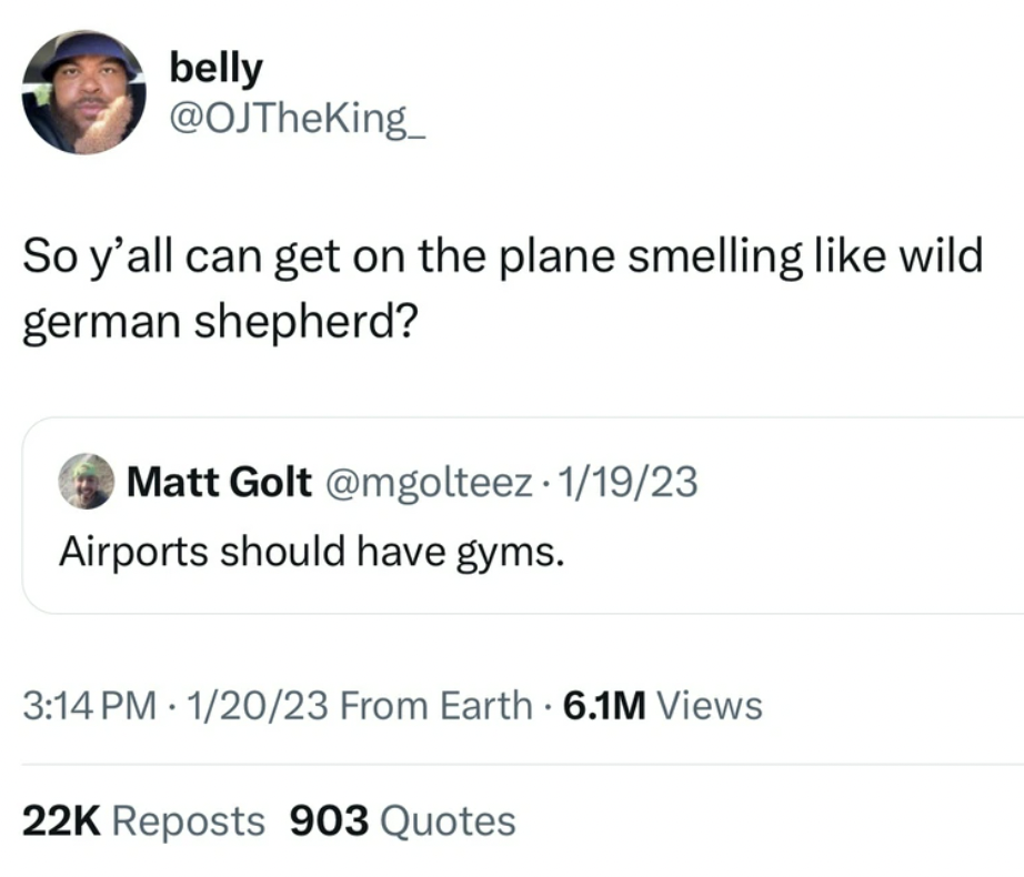 screenshot - belly So y'all can get on the plane smelling wild german shepherd? Matt Golt 11923 Airports should have gyms. 12023 From Earth 6.1M Views 22K Reposts 903 Quotes